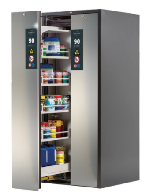 Bezpečnostní skříň vysoká s požární odolností 90min, 2x výsuvné dveře_L-5x police, 1x děrovaná vsuvka, 1x spodní záchytná vana, P- 5x police, 1x děrovaná vsuvka, 1x spodní záchytná vana